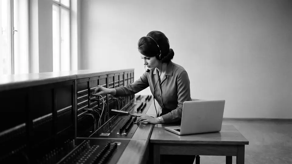 En telefondame sætter ledninger i et gammelt omstillingsbord med en laptop ved siden af