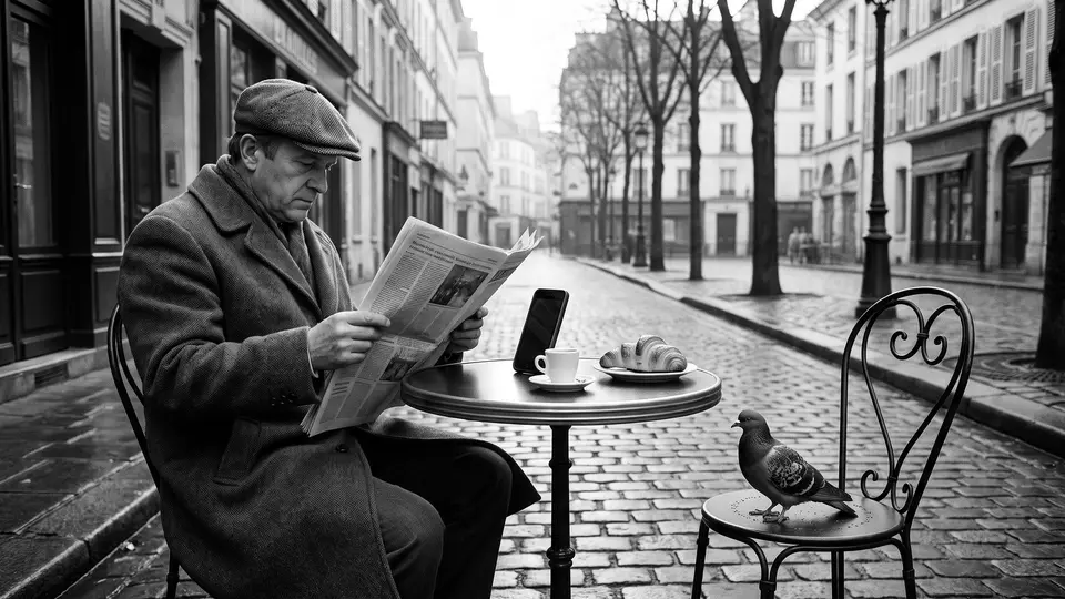 En mand læser avis ved et cafébord på brosten, med telefonen lænet op ad kaffekoppen og en due på stolen overfor